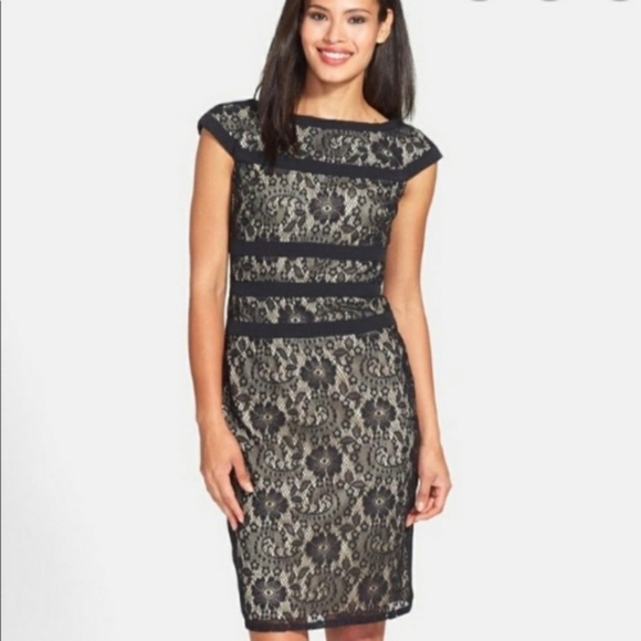 Adrianna Papell Dress Black Lace Sheath Formal Party size 10 Lined Cap‎ Sleeve - Picture 1 of 12